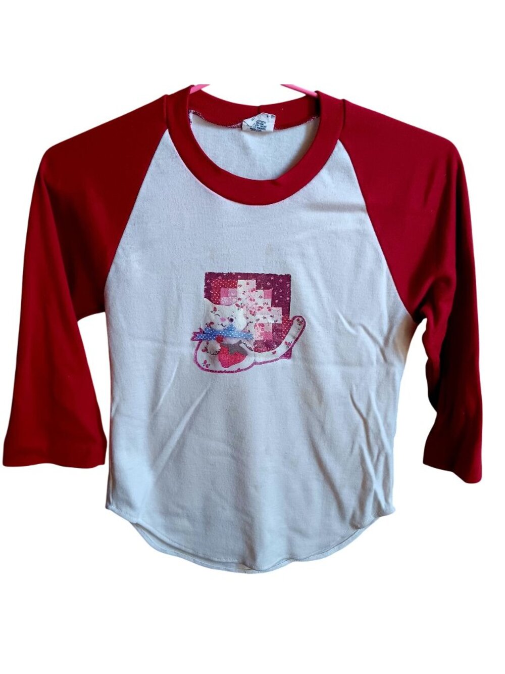 True Vintage XS T-shirt Kitty Kim Luv-It Red White Raglan Graphic Sleeve Glitter